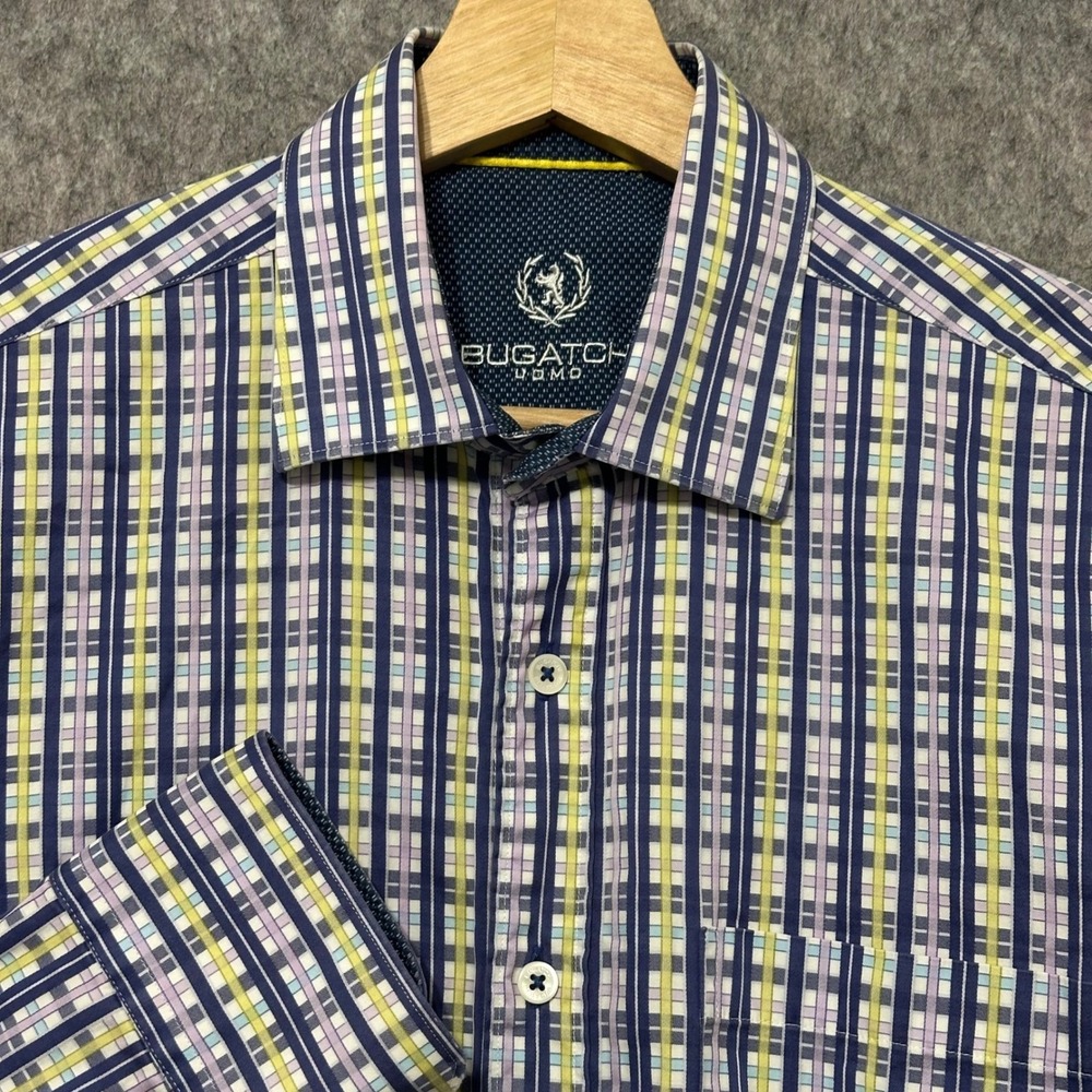 BUGATCHI UOMO Mens Classic Fit Plaid Long Sleeve Dress Shirt Size M